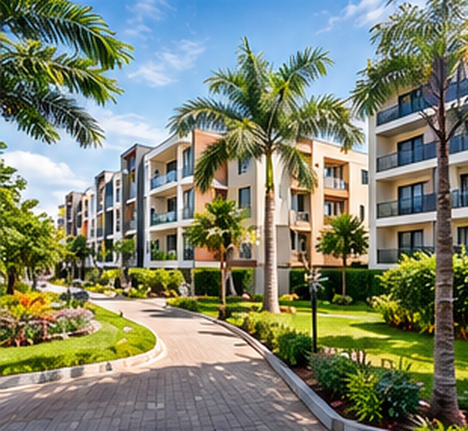 Residential community with palm trees and a paved walkway