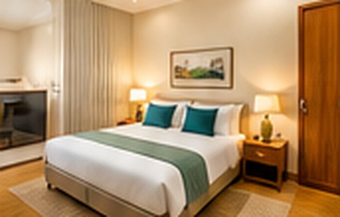 Comfortable bedroom with a large bed and warm lighting