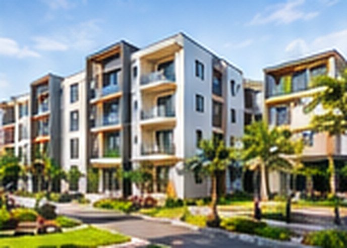 Apartment complex with landscaped gardens and palm trees