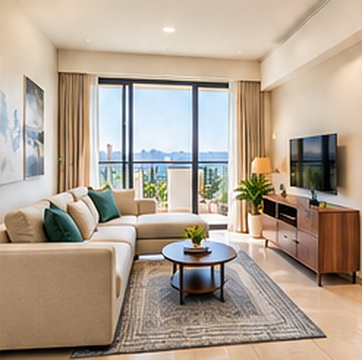 Bright furnished apartment living room with sofa and city view